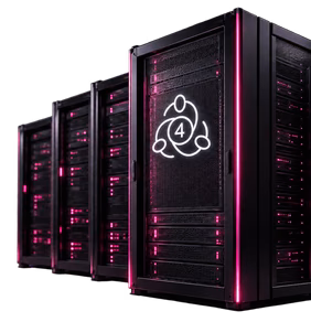 Server racks illuminated with pink and purple neon light, featuring a circular MetaTrader 4 logo