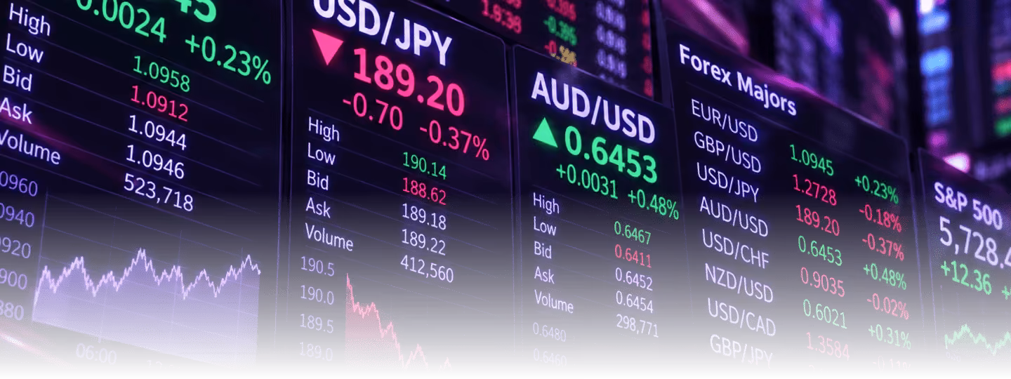 Digital stock market ticker board displaying forex pairs, indices and price data